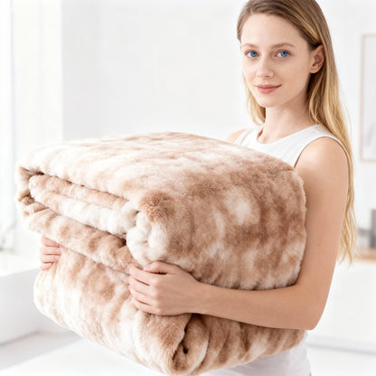 Faux Rabbit Fur Throw Blanket - Striped Double-Sided Flannel Back