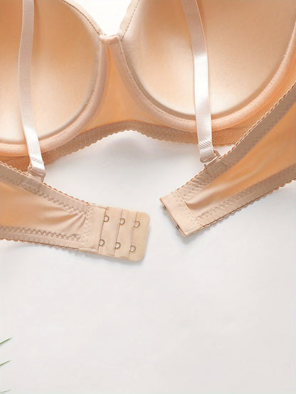 3 Sets Elegant Solid Color Polyamide Bra & Briefs Set, High Support Mid Rise Briefs with Non Removable Padding, Women's Lash Sets