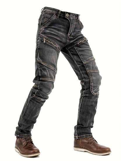 Men's Vintage Washed Motorcycle Pants - Slim Fit Stretch Denim with Elastic Panels, Mid-Stretch Comfort & Zipper Closure, Machine Washable All-Season Casual Riding Jeans