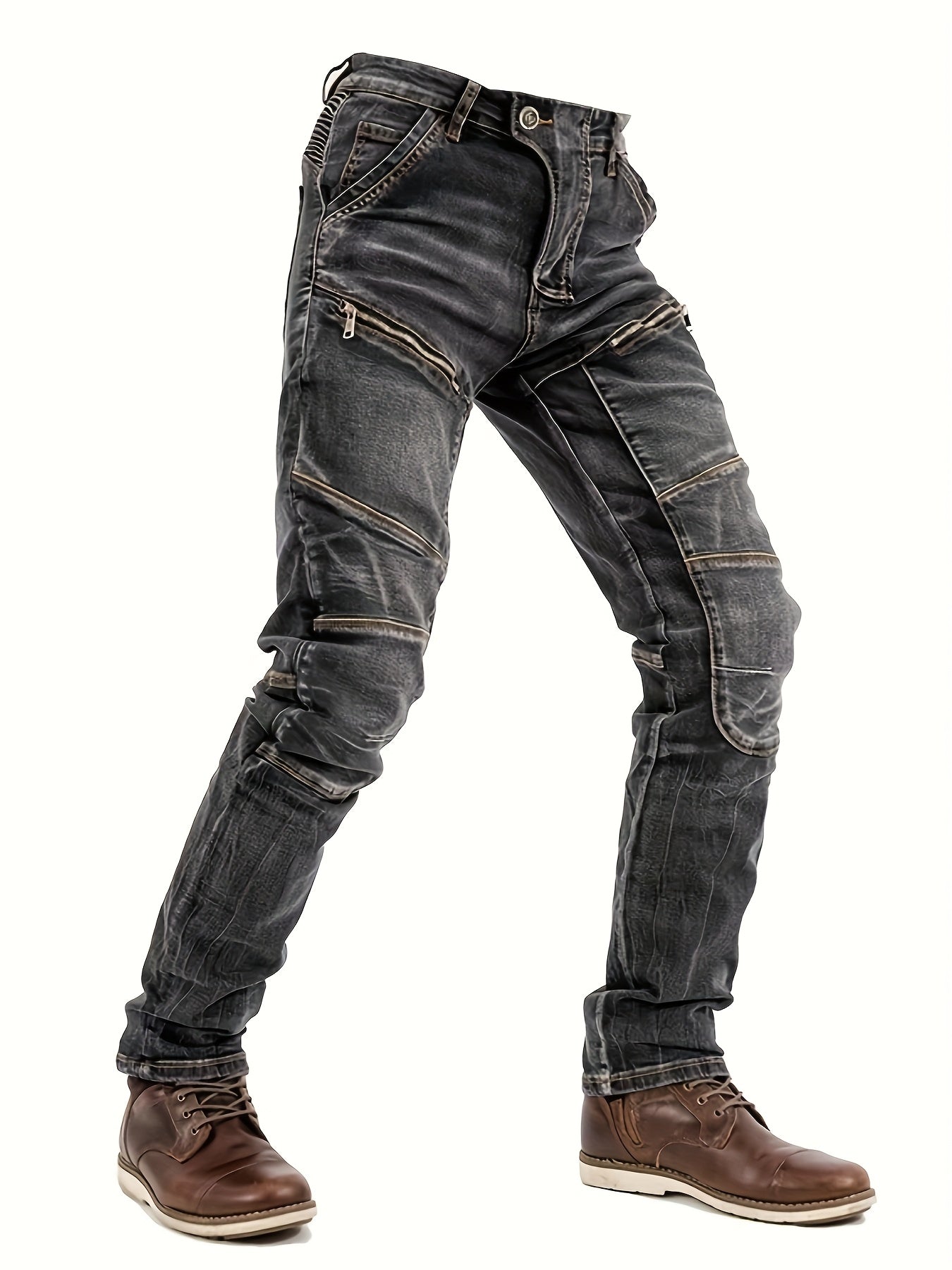 Men's Vintage Washed Motorcycle Pants - Slim Fit Stretch Denim with Elastic Panels, Mid-Stretch Comfort & Zipper Closure, Machine Washable All-Season Casual Riding Jeans