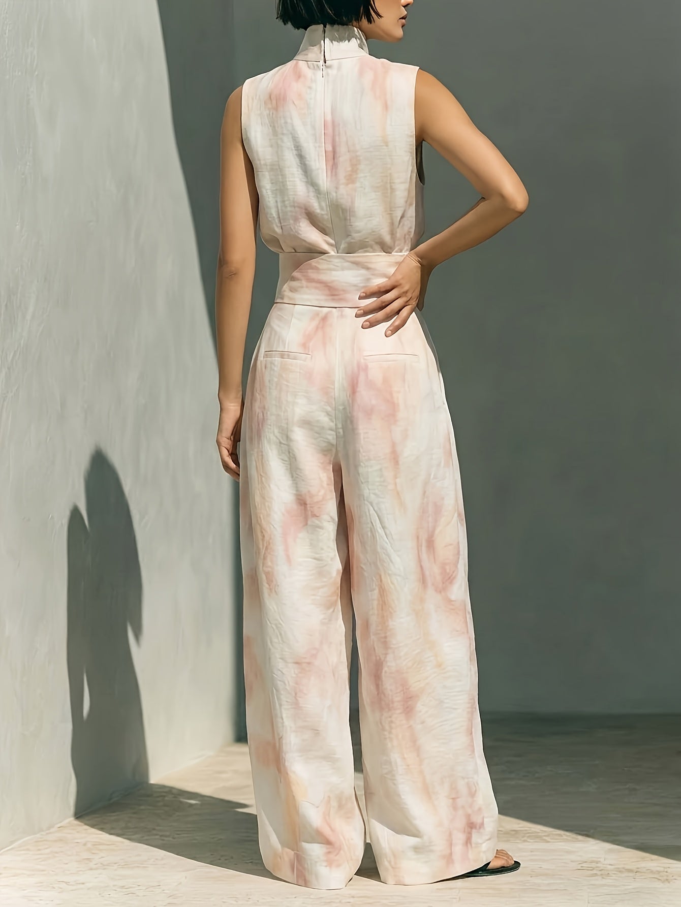Blue & Brown Tie-Dye Print High Neck Sleeveless Top + Matching Wide-Leg Pants Women's Set | Artistic Edgy Charm, Perfect for Daily Street Style & Casual Gatherings