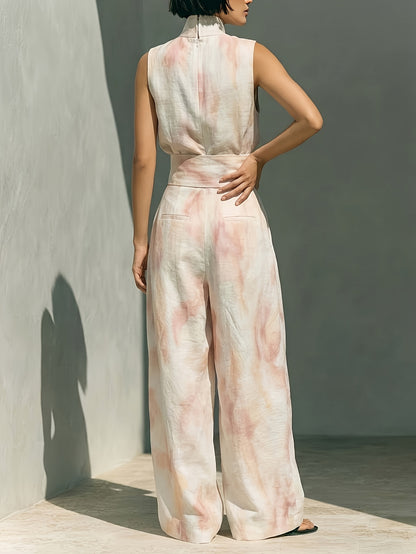 Blue & Brown Tie-Dye Print High Neck Sleeveless Top + Matching Wide-Leg Pants Women's Set | Artistic Edgy Charm, Perfect for Daily Street Style & Casual Gatherings