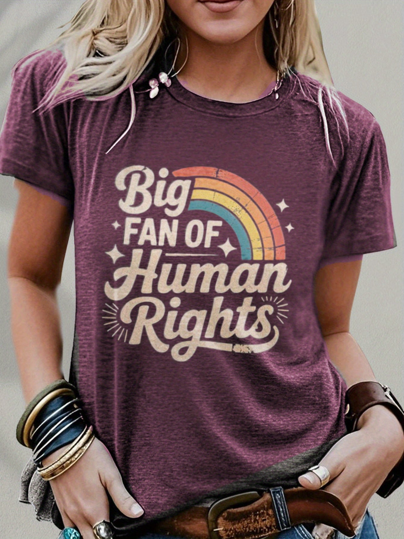 Women'S Short Sleeve T-Shirt, Christmas Women'S Clothing, Thanksgiving, Christmas Gift- Blend Human Rights Fan T-Shirt with Rainbow Pride Design Retro Font Statement T-Shirt, Suitable for Unisex Street Fashion Trend Graphic Top