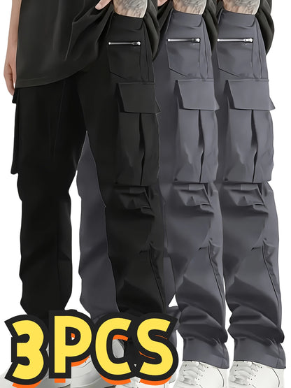 Set of 3 Men'S Relaxed Fit Work Trousers, Casual Cargo Style, Airy And Comfortable Loose Straight Leg Pants Featuring Various Pockets Suitable for All Seasons - Casual Outdoor Trousers Ideal for Hiking And Fishing