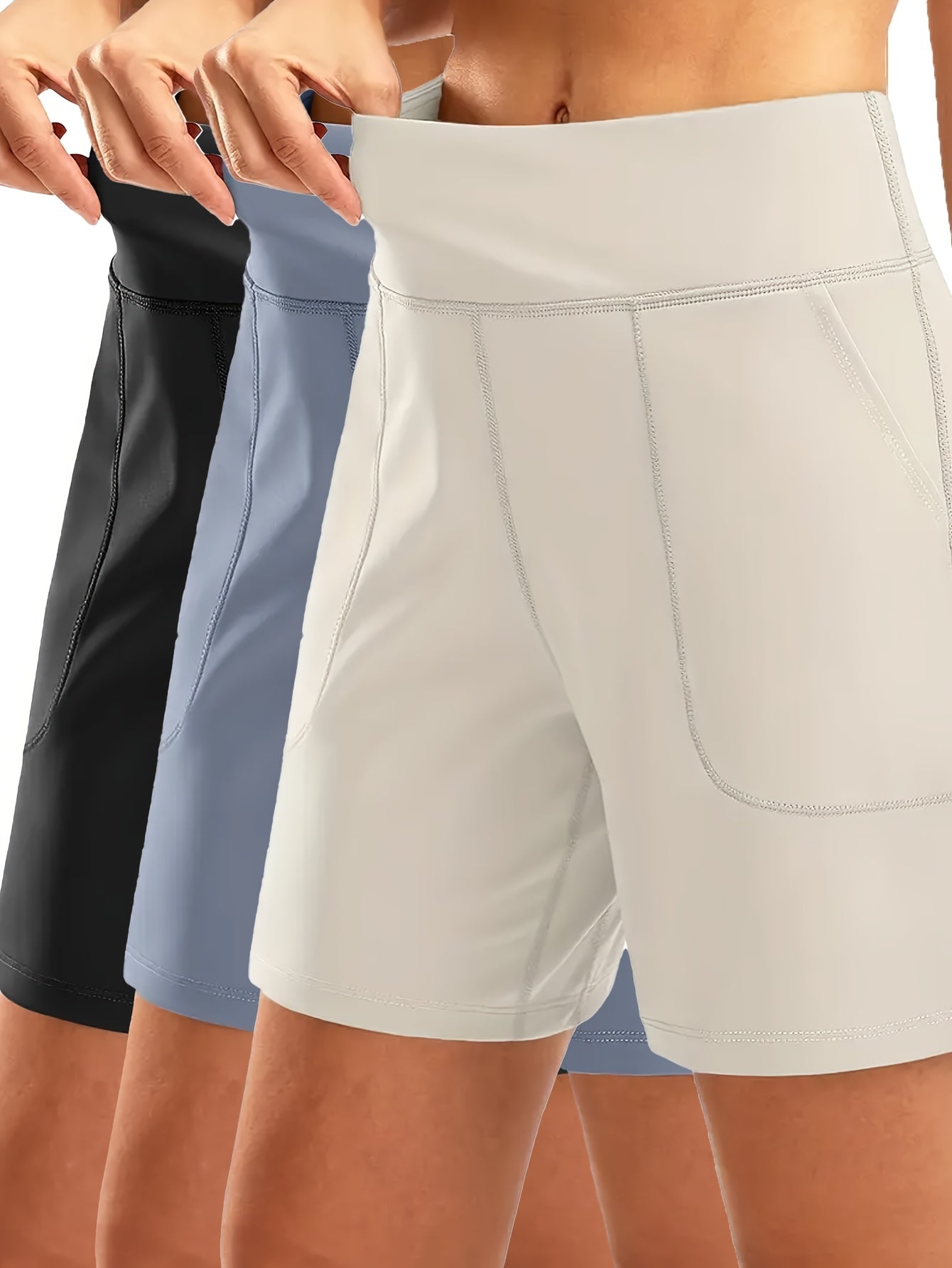 3pcs Women's Elastic-Waist Loose-Fit Casual Sports Shorts with Pockets - Mid-Stretch Breathable Fabric, Solid Color for Gym, Yoga & Casual Attire - Elegant Special Collection, Gym Apparel | Functional Pockets | Stretchable Fabric
