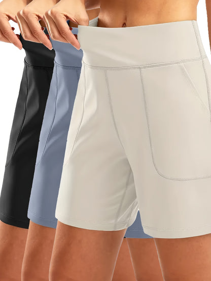 3pcs Women's Elastic-Waist Loose-Fit Casual Sports Shorts with Pockets - Mid-Stretch Breathable Fabric, Solid Color for Gym, Yoga & Casual Attire - Elegant Special Collection, Gym Apparel | Functional Pockets | Stretchable Fabric