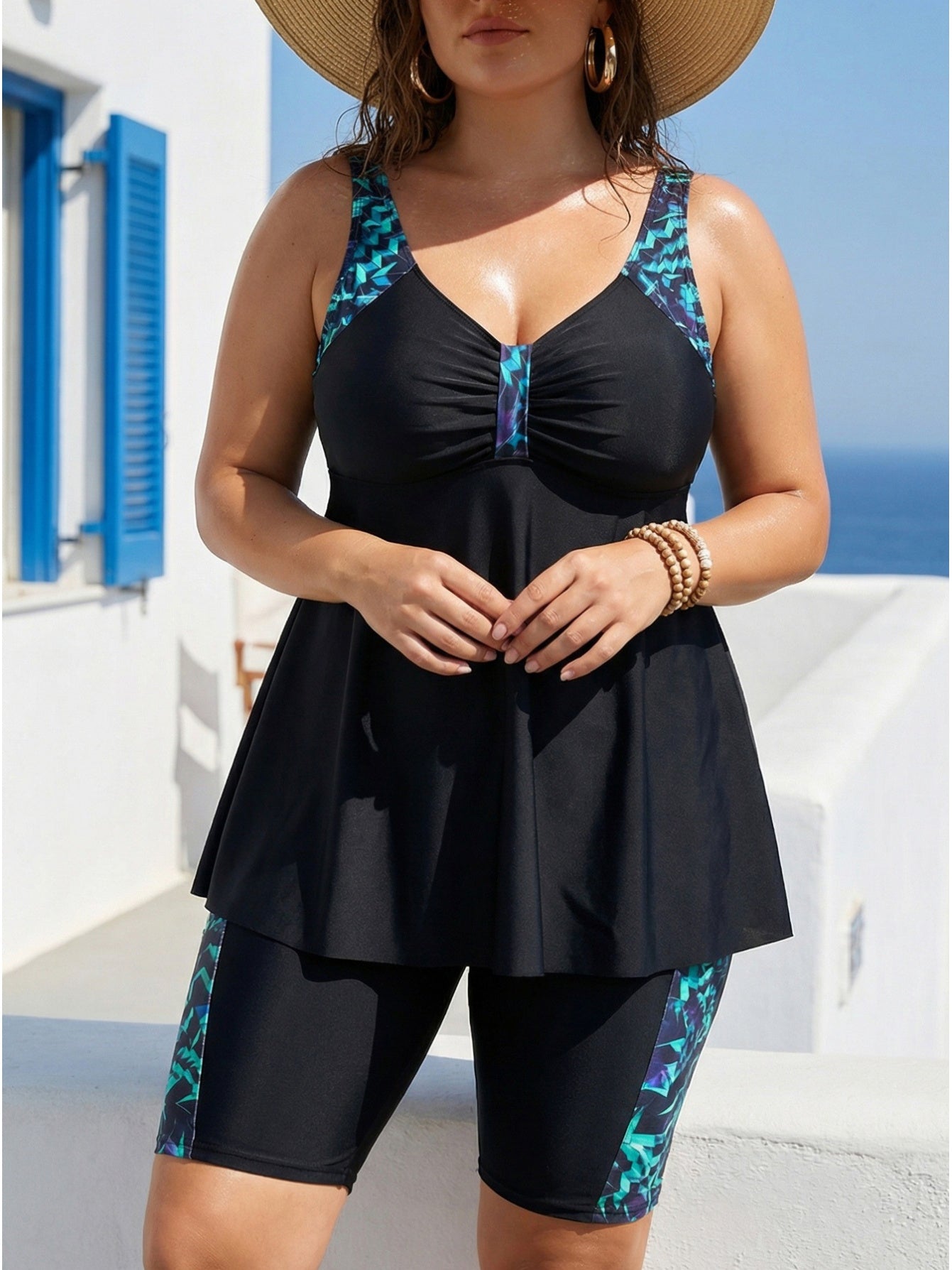 Plus Size Tankini Swimsuit for Women - Tummy Control 2pcs Bathing Suit with Shorts, Black & Turquoise Printed Racerback Tankini Top with Built-in Bra, Modest Swimwear for Beach, Pool, Cruise Vacation & Summer Holidays