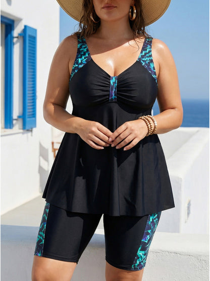Plus Size Tankini Swimsuit for Women - Tummy Control 2pcs Bathing Suit with Shorts, Black & Turquoise Printed Racerback Tankini Top with Built-in Bra, Modest Swimwear for Beach, Pool, Cruise Vacation & Summer Holidays