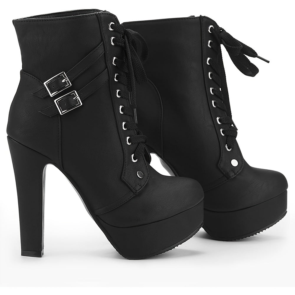 High Heel Boots for Women, Womens Platform Boot Heels Sexy Round Toe Lace UP High Heels Mid Calf Boots, Women Shoes