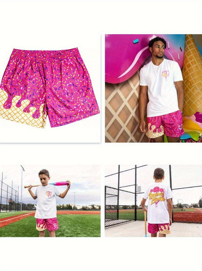 Youth Ice Cream Breathable Mesh Athletic Shorts with Elastic Waistband, Lightweight Summer Gym Shorts