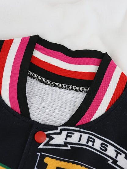 Casual Baseball Bomber Coat for Women Featuring a Color Block Design And Letter Print, Complete with Long Sleeves