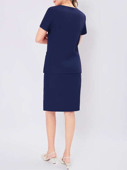 Women's V-Neck Button-Up Scrub Set, Fashionable Short Sleeve Beauty Salon Medical Hand Wash Uniform, Polyester Blend, Casual Style, Regular Fit, Solid Color, Straight Sleeve, Knee-Length Skirt with Pockets, Pullover Top