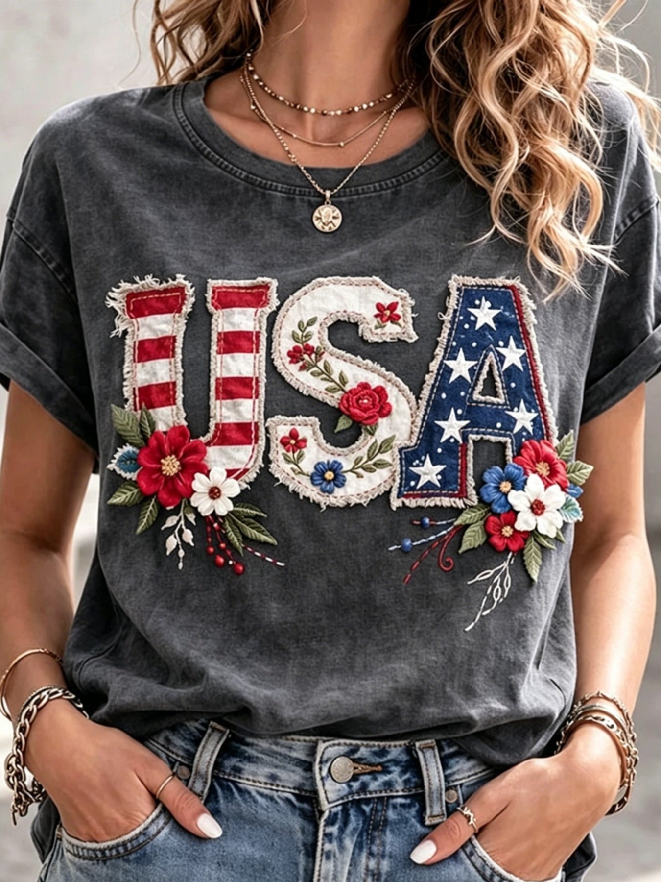 USA 250Th Anniversary Women'S Independence Day Patriotic T-Shirt, 2D Print Casual Short-Sleeve Crewneck Tee for July 4Th Celebrations
