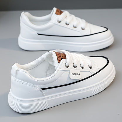 Women's Skateboarding Shoes - College Style Flat Sole Casual Sneakers with Soft Rubber Outsole & EVA Cushion, Breathable Faux Cover & Mesh Upper, All-Season Outdoor Walking Shoes for Students (White/Black)