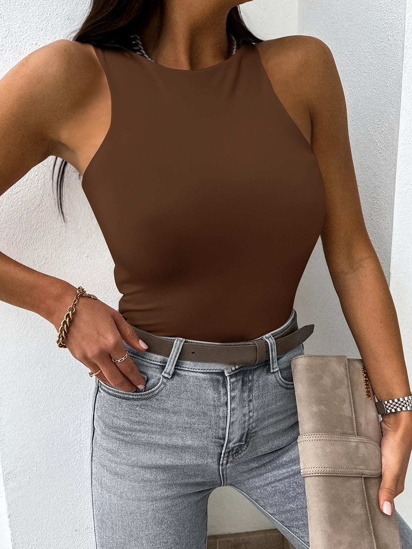 3pcs-Women's Spring And Summer New High-necked Sleeveless Waist And Abdomen Casual Vest, Comfortable And Breathable Fabric, Suitable for Daily Casual Wear, Shopping, Attending Parties, Parties, Dating, All Seasons