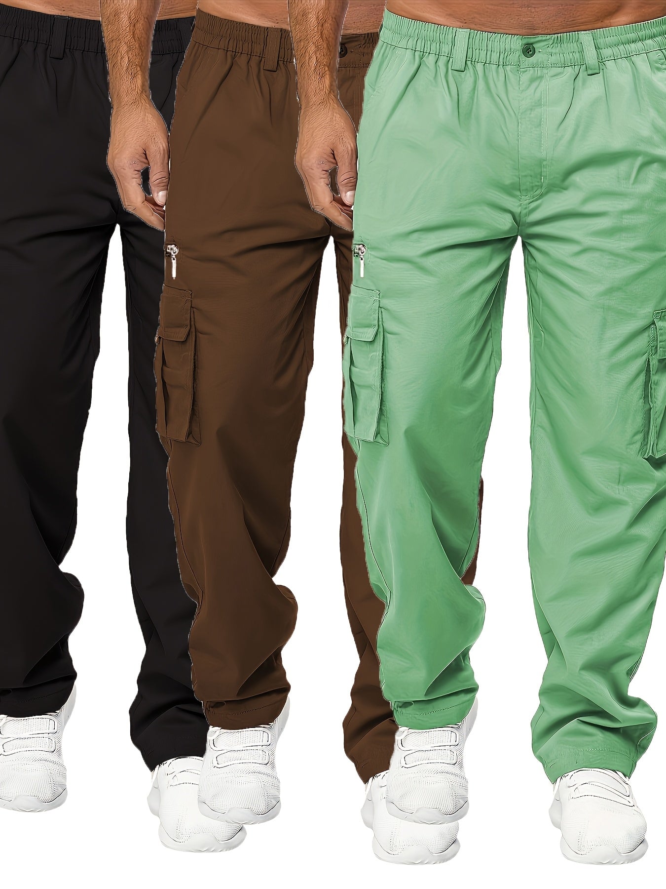 3pcs Men'S Casual Solid Color Cargo Pants, Polyester Non-Stretch Woven Fabric, Multiple Pockets, Regular Fit, Spring/Fall Season, Hiking & Outdoor Scene, Weekend Casual Occasion, Thick