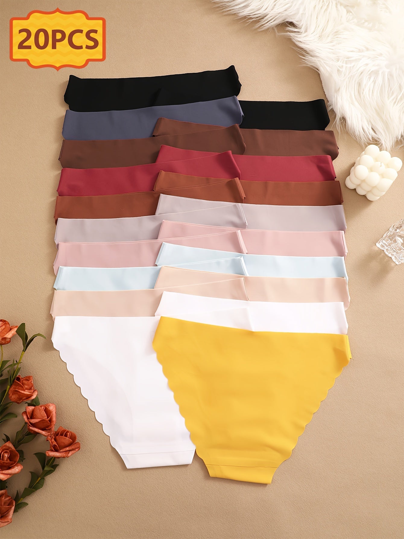20pcs Set Of Seamless Wave Edge Triangle Pants with Solid Color Wave Edge Design, Breathable And Comfortable Underwear, Seamless And Elastic Triangle Pants, Daily Commuting Women's Underwear And Underwear
