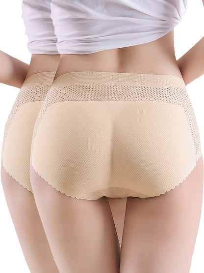 2pcs Solid Fake Butt Padded Seamless Shaping Panties with Scallop Trim, Comfy & Breathable Butt Lifting Panties, Women's Underwear & Shapewear
