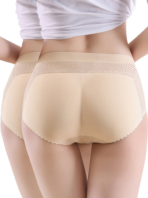 2pcs Solid Fake Butt Padded Seamless Shaping Panties with Scallop Trim, Comfy & Breathable Butt Lifting Panties, Women's Underwear & Shapewear