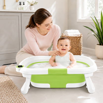 Cochildor Collapsible Baby Bathtub, Baby Bath Tub with Soft Cushion & Thermometer, Baby Bathtub for Newborn to Toddler 0-36 Months, Portable Travel Baby Tub, Easy-Clean Plastic, Pink And Gray/Blue, Bathtub for Baby, Playful Design, Easy-Grip Handles