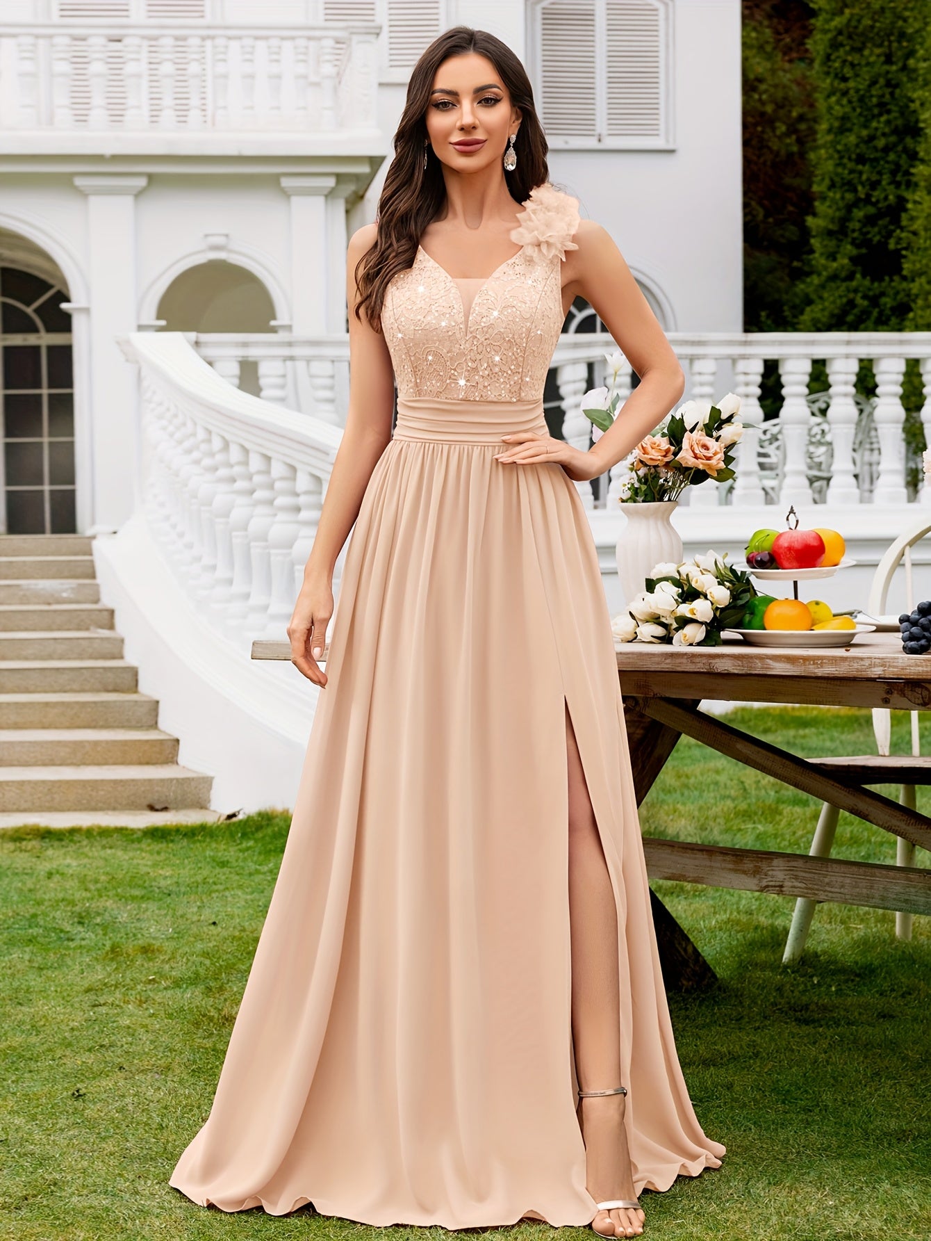 24451A Elegant Womens Mesh Deep V Neck Sequin Lace Maxi Dress, Sleeveless Applique Shoulder, Back V Neck, Ruched A Line Waist, High Thigh Slit Hem, Perfect For Formal Wedding Guest, Prom, Bridesmaid Party, Graduation Season, Wedding Season