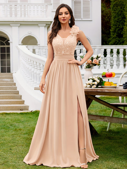 24451A Elegant Womens Mesh Deep V Neck Sequin Lace Maxi Dress, Sleeveless Applique Shoulder, Back V Neck, Ruched A Line Waist, High Thigh Slit Hem, Perfect For Formal Wedding Guest, Prom, Bridesmaid Party, Graduation Season, Wedding Season