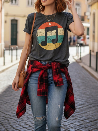 Women's Casual Music Note & Rest Signature () T-Shirt - Round Neck Short Sleeve Top, Non-Transparent Fabric Suitable for Festivals, Concerts & Daily Wear - Machine Washable Musical Score Blouse