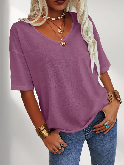 Women Fashion V-Neck Half Sleeves Oversized T Shirt Solid Casual Loose Basic Tops