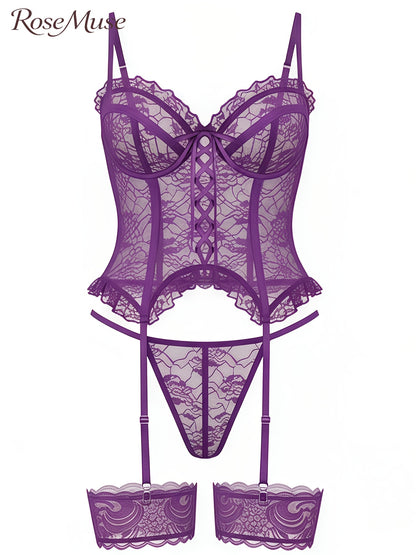 1Set/4pcs Women's Sexy Lingerie Set Floral Lace Garter Bustier Lingerie Set with 1Pair Stocking, Women's Lace Stockings Lingerie Bodysuits Nightwear for Romantic Date Wearing