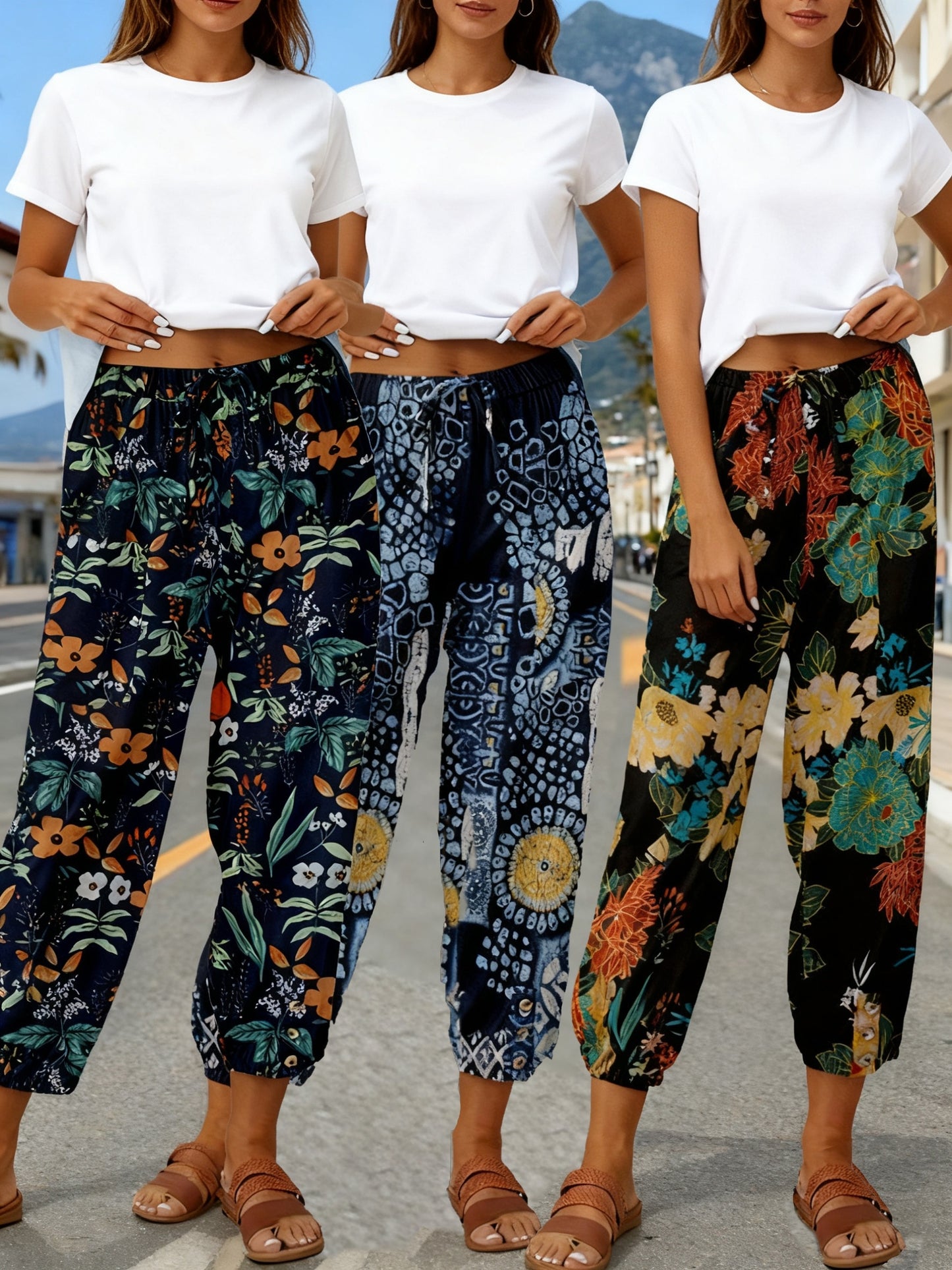 FOEIERAA 3pcs Women's High Waist Jogger Pants, Elastic Waist Retro Print, Loose Comfortable Casual Trousers for Outdoor Commute