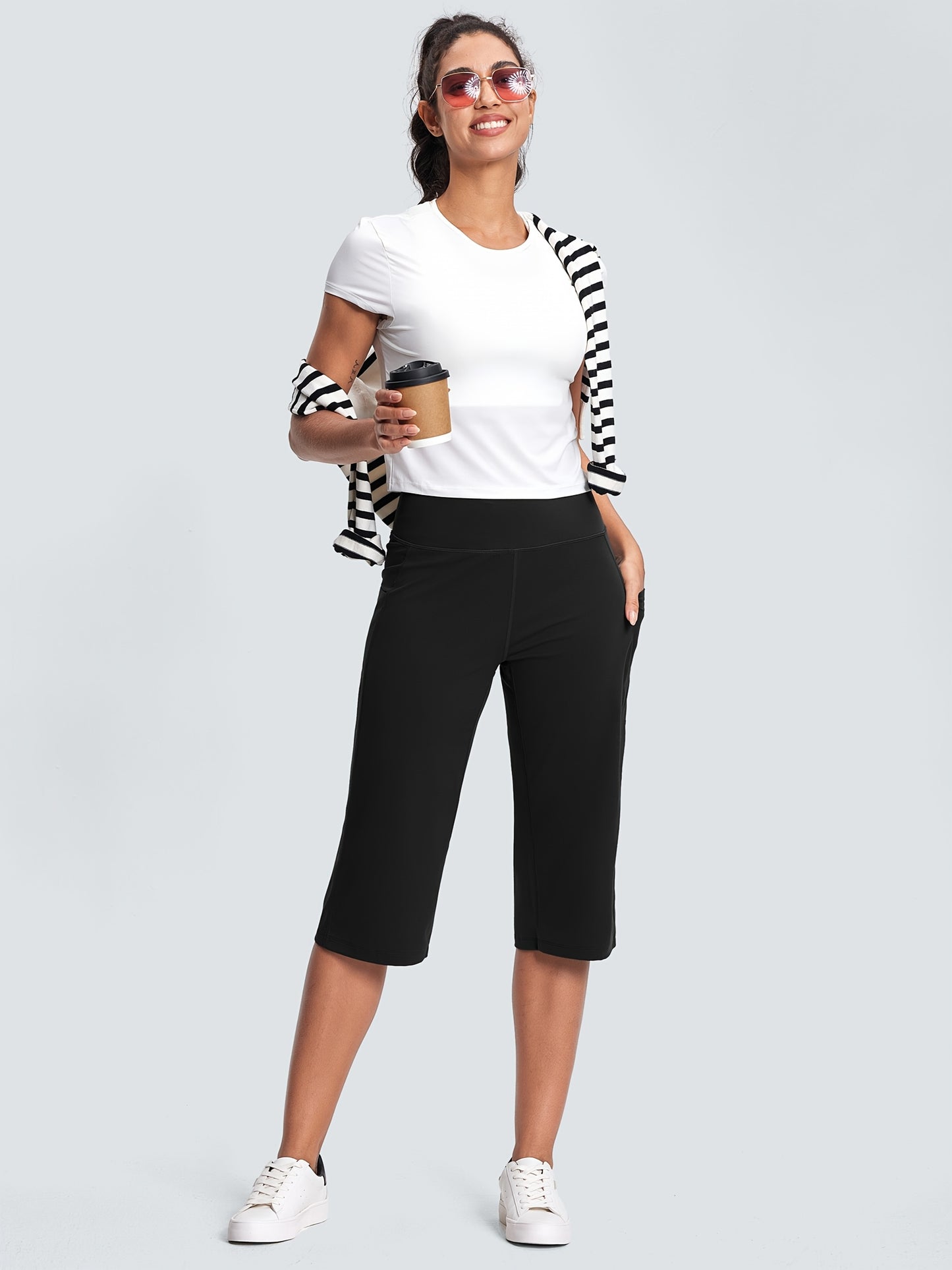 18-Inch Capri Trousers for Women Featuring a High Waist, Pockets, Tummy Control, And a Loose Straight Leg Design Suitable for Workouts And