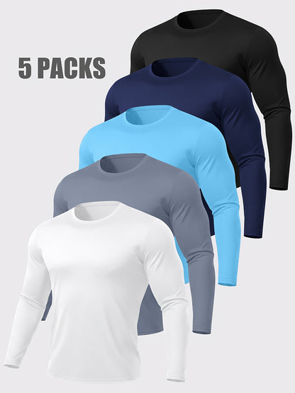5-pack Men's Quick-drying Breathable Long-sleeve Sports T-shirts,, Suitable for Fitness, Commuting, Running, And Training