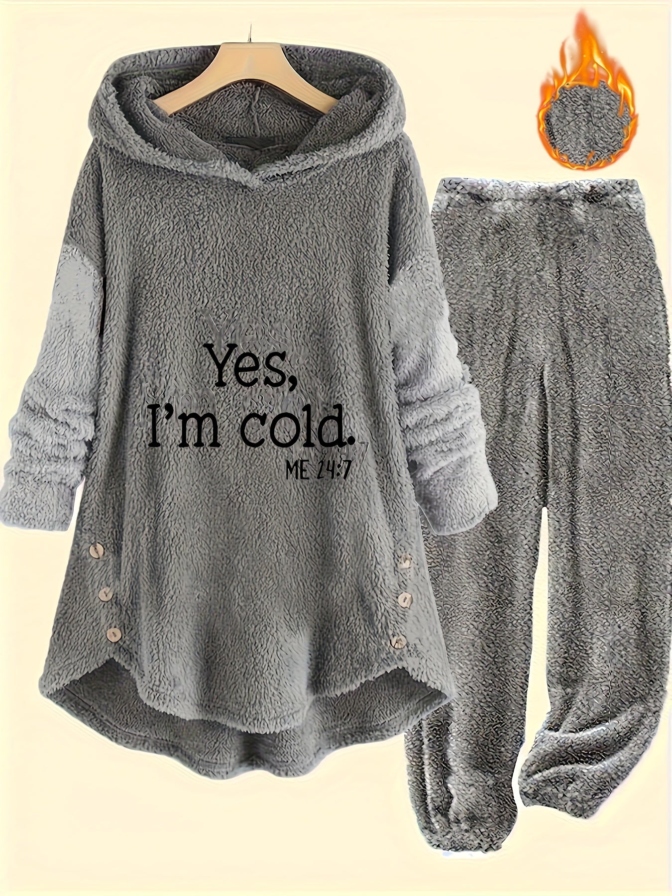 This Outfit Is a Cold Print Teddy Casual Pants Set with Button-Decorated Long-Sleeved Hoodie And Pants, Suitable for Autumn And Winter Season, Women'S Clothing