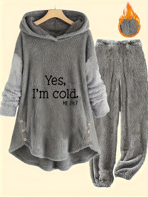 This Outfit Is a Cold Print Teddy Casual Pants Set with Button-Decorated Long-Sleeved Hoodie And Pants, Suitable for Autumn And Winter Season, Women'S Clothing