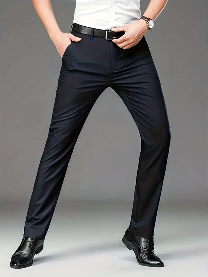 Men's High-elasticity Anti-wrinkle Straight-leg Dress Pants, High-waisted Business Casual Long Pants, Button And Zipper Design, Machine-washable All-season Classic Solid Color Suit Pants, Professional Clothing, Wear-resistant Fabric, Formal Wear