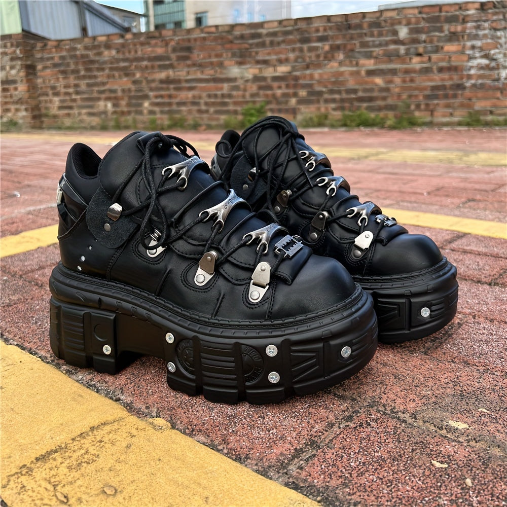 Casual Shoes with a Thick Sole And Black Metal Accents, Featuring a Unisex Retro Punk Design And Lace-Up Style
