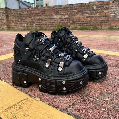 Casual Shoes with a Thick Sole And Black Metal Accents, Featuring a Unisex Retro Punk Design And Lace-Up Style