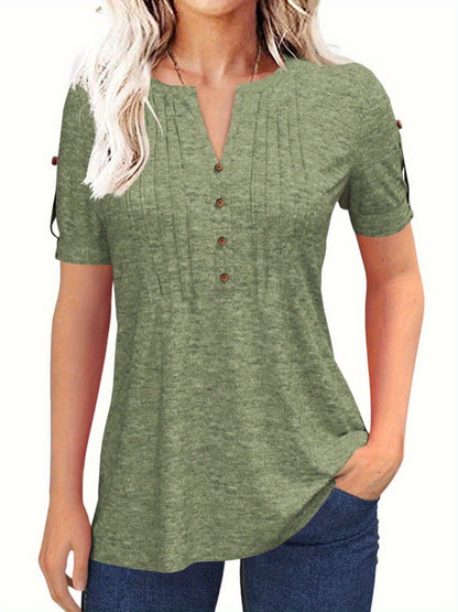Casual Short-Sleeve Blouse for Women with a Solid Color, Featuring a Pleated Design, Buttoned V-Neck, And a Zipper