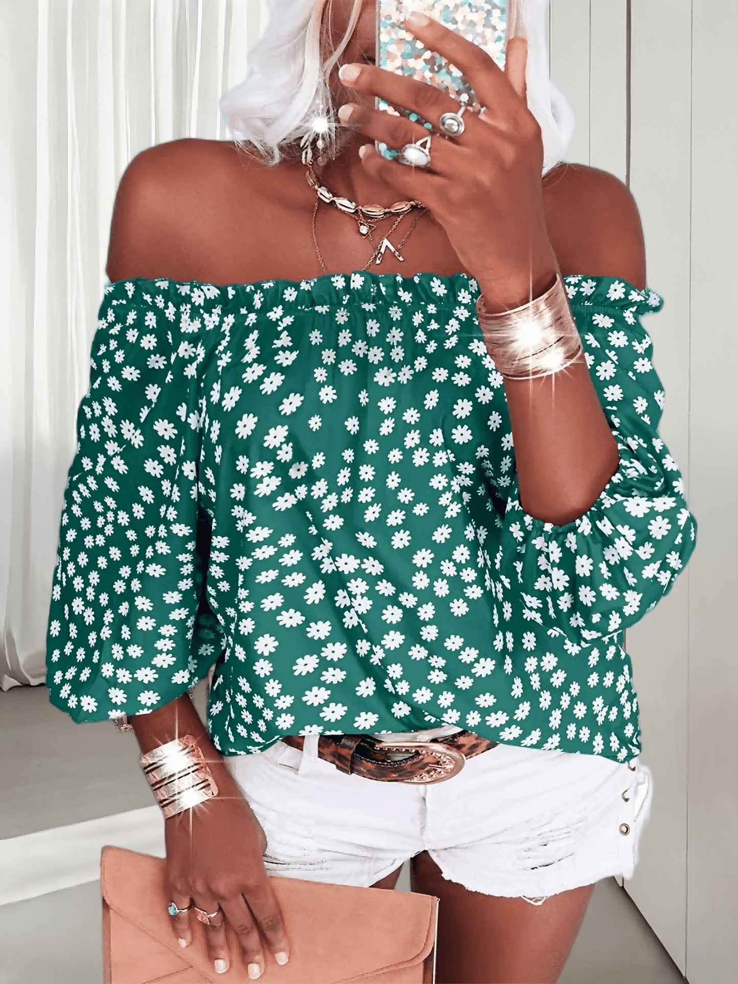 Womens Summer Off Shoulder Blouse Floral Print 3/4 Sleeve Casual Chiffon Tops Shirts