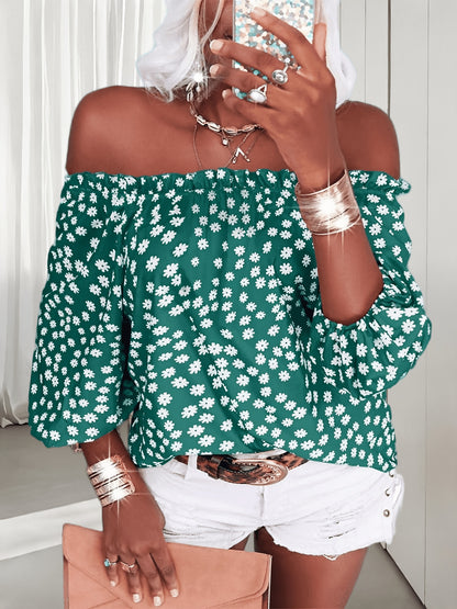 Womens Summer Off Shoulder Blouse Floral Print 3/4 Sleeve Casual Chiffon Tops Shirts