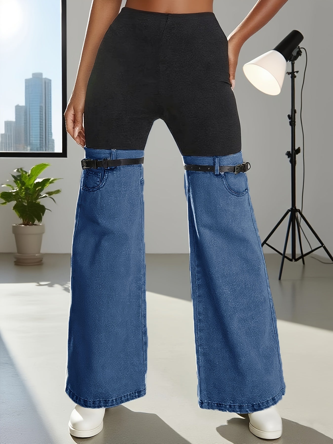 Women'S High Waist Two Tone Patchwork Flare Pants, Black Slim Fit Leggings with Light Wash Denim Bell Bottom Legs And Adjustable Buckle Strap Design for Y2K Streetwear, Perfect for Retro Streetwear Looks