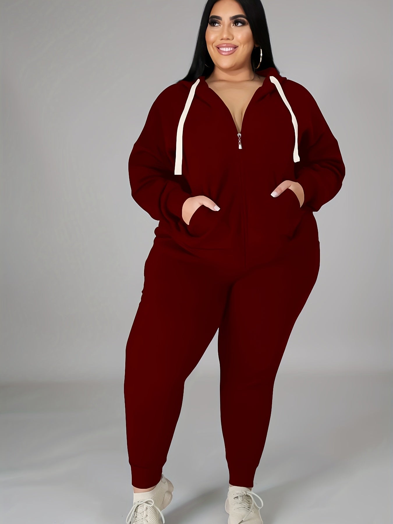 Women's Plus Size Tracksuit Set - Long Sleeve Hooded Loungewear and Sweatsuit Sets with Pockets, Polyester and Elastane