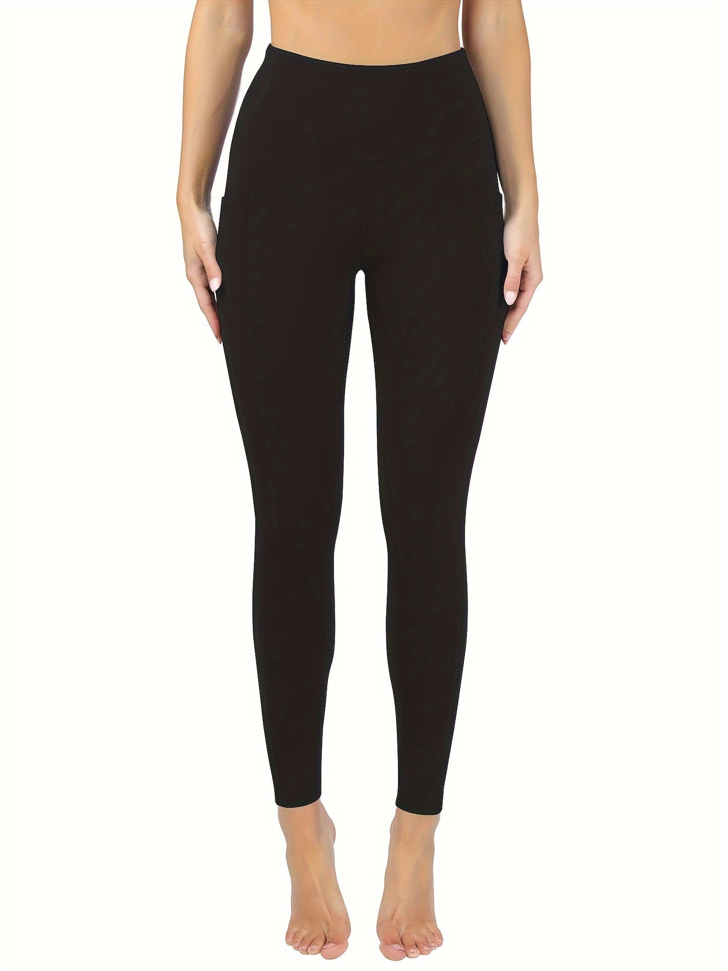Olive Green High-Waisted Women'S Leggings with Pockets - Made from a And Elastane Mix, Suitable for All Seasons, Machine Washable