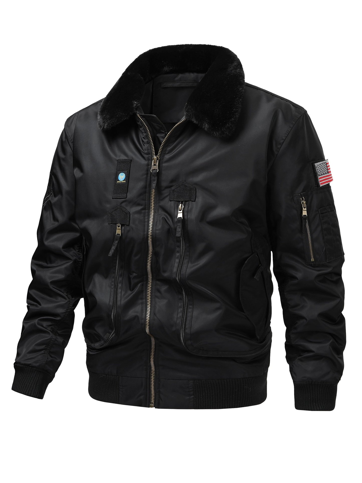 Men'S Plus Size Flight Jacket with Faux Fur Collar, Made from 100% Nylon in a Solid Military Style, Featuring a Non-Stretch Woven Fabric, Zipper Closure, And Pockets. This Regular Fit Outerwear Is Lined with And Available in Plus Sizes