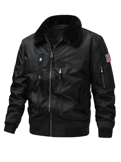 Men'S Plus Size Flight Jacket with Faux Fur Collar, Made from 100% Nylon in a Solid Military Style, Featuring a Non-Stretch Woven Fabric, Zipper Closure, And Pockets. This Regular Fit Outerwear Is Lined with And Available in Plus Sizes