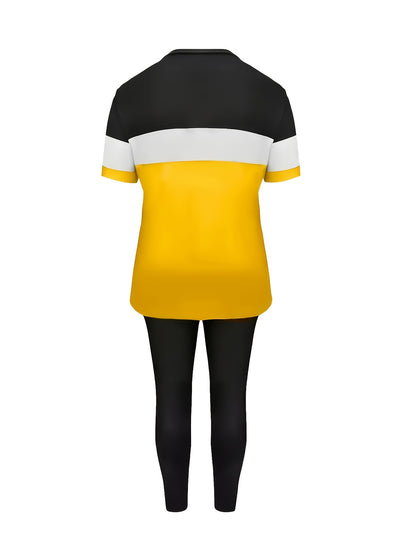 Women's Casual Two-Piece Outfit "BLESSED" Letter Print Color-Block T-Shirt And Pocket Pants Set