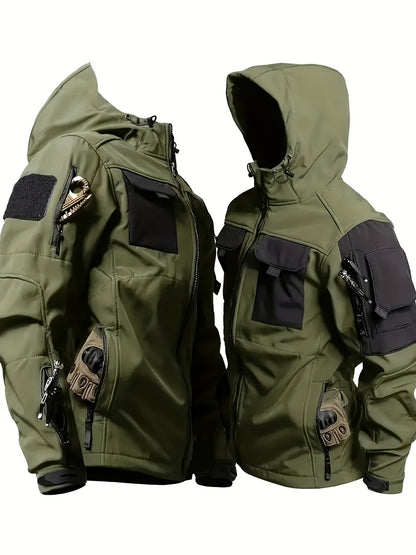 Men's Tactical Softshell Jacket - Hooded Multi-Pocket Windbreaker