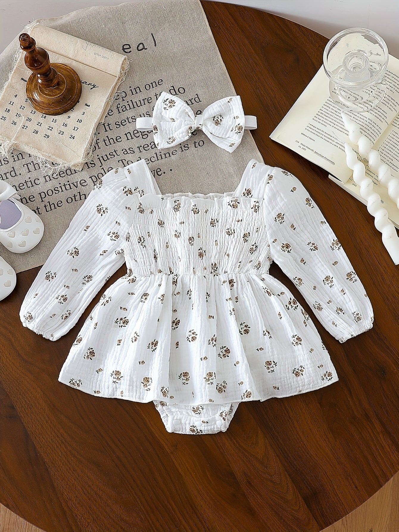 Baby Girl's Long-Sleeve Floral Romper And Bowknot Headband Set - Suitable for Babies Aged 3-24 Months, Perfect for Outdoor