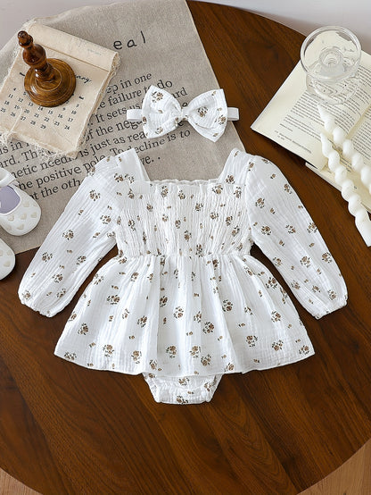 Baby Girl's Long-Sleeve Floral Romper And Bowknot Headband Set - Suitable for Babies Aged 3-24 Months, Perfect for Outdoor