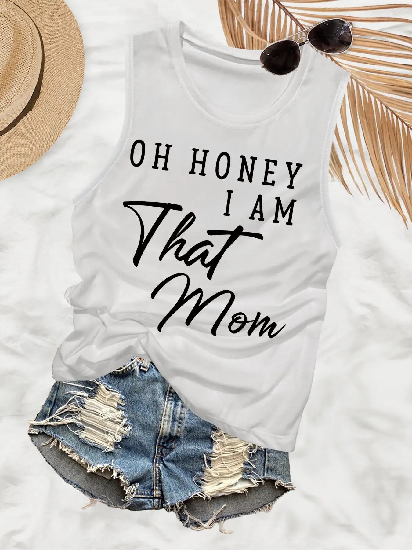 "OH HONEY I AM That Mom" Sleeveless Tank Top - Grey Casual Summer Shirt with White Cursive Lettering, Mom Slogan Print, Round Neck H-Line Fit T-Shirt for Moms, Funny Mother's Day Gift